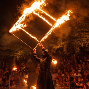 Spettacolo scenico con cubo di fuoco e performance acrobatica