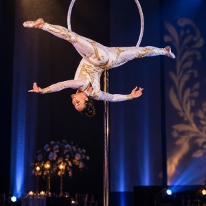 Esibizione acrobatica con attrezzo aerial lollipop durante una cena di gala a Bologna